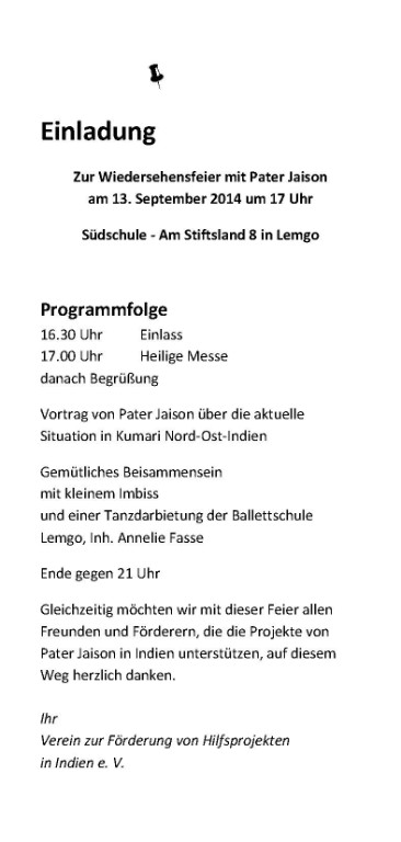 Invitation for Welcome-party with pater Jaison